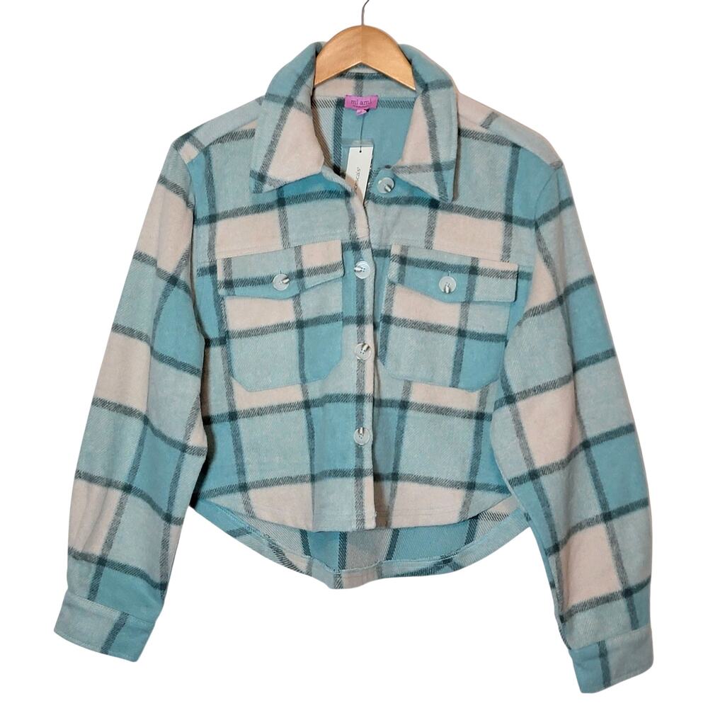 Mi ami Francesca Cropped Plaid Shacket Blue Cream Fall Winter Layering Jacket L